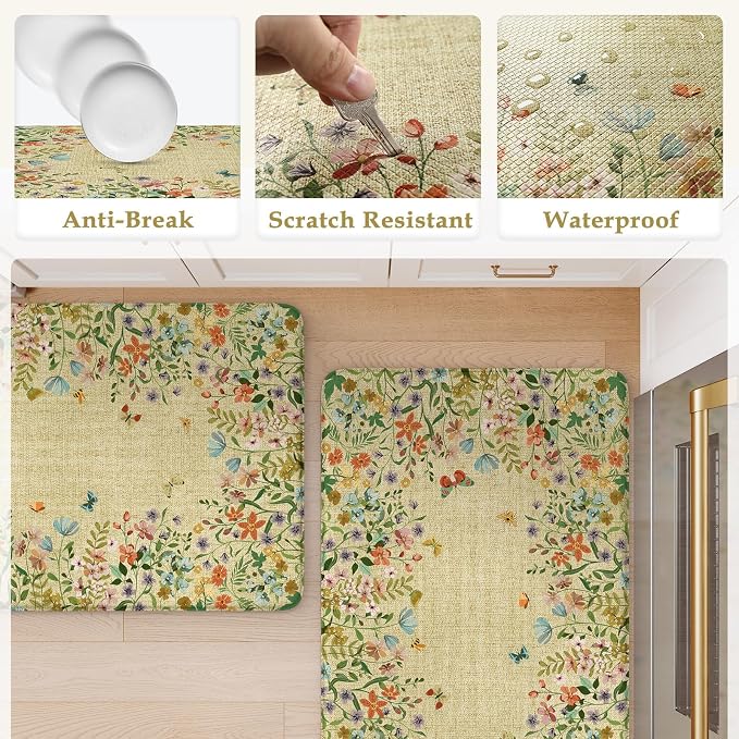 KIMODE Kitchen Mats Cushioned Anti Fatigue, Summer Farmhouse Flower Kitchen Rugs Sets of 2, Padded Kitchen Floor Mats, Non Slip Standing Mats for Sink Laundry Office Desk Brown 20"x47"+20"x32"