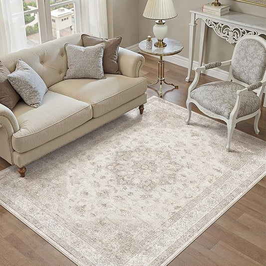PureCozy Beige Area Rug 4x6 Washable Vintage Carpet for Office Living Room Soft Retro Low Pile Thin Indoor Rug Non Slip Oriental Medallion Floor Cover for Bedroom Kitchen Dining Room