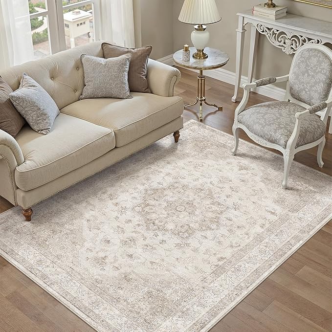 PureCozy Beige Area Rug 5x8 Washable Living Room Carpet Vintage Non Slip Soft Bedroom Indoor Office Retro Low Pile Thin Oriental Medallion Large Rug for Dining Room Bathroom Kitchen