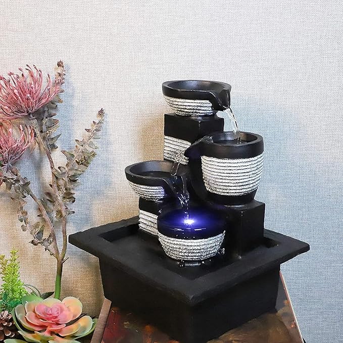 Ferrisland Tabletop Waterfall Fountain - 3-Step Modern Water Fountain with LED Light for Office Desktop Decor