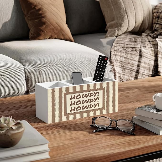 Howdy Western Wooden Pen Holder for Desk, Western Desk Decor Accessories, Retro Brown and Beige Striped Southwestern Pencil Organizer Wooden Box Sign for Home Office Decoration