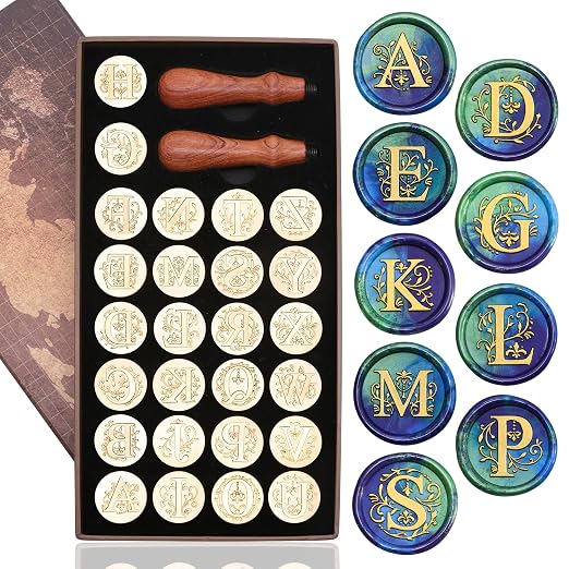 SWANGSA Initial Alphabet A-Z Wax Seal Kit with 624pcs Sealing Wax Beads, Furnace and Pen for Wedding Invitations Cards & Envelope