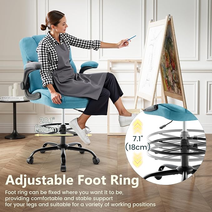 Drafting Chair 500Lbs, Tall Office Chair for Standing Desk, Fabric Executive Office Chair with Flip-up Armrests, Ergonomic High Chair with Adjustable Foot Ring, Comfy Stool Chairs, Blue