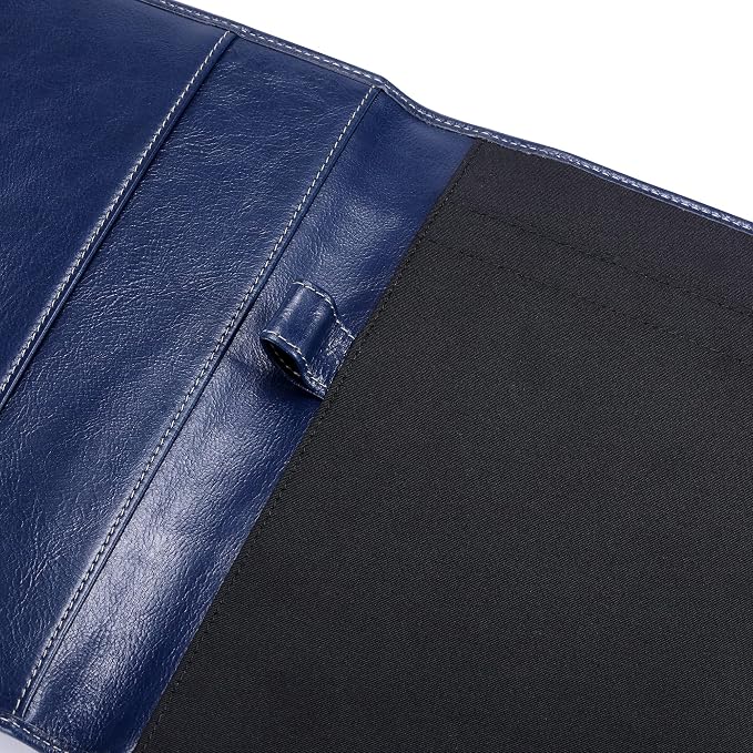 HISCOW Slim Leather Junior Padfolio, 5x8 Notepad Cover, Antiqued Blue | Full-grain buffalo leather, top-loading legal pad holder, rigid pen loop, quick-access card slot, zipperless boardroom design