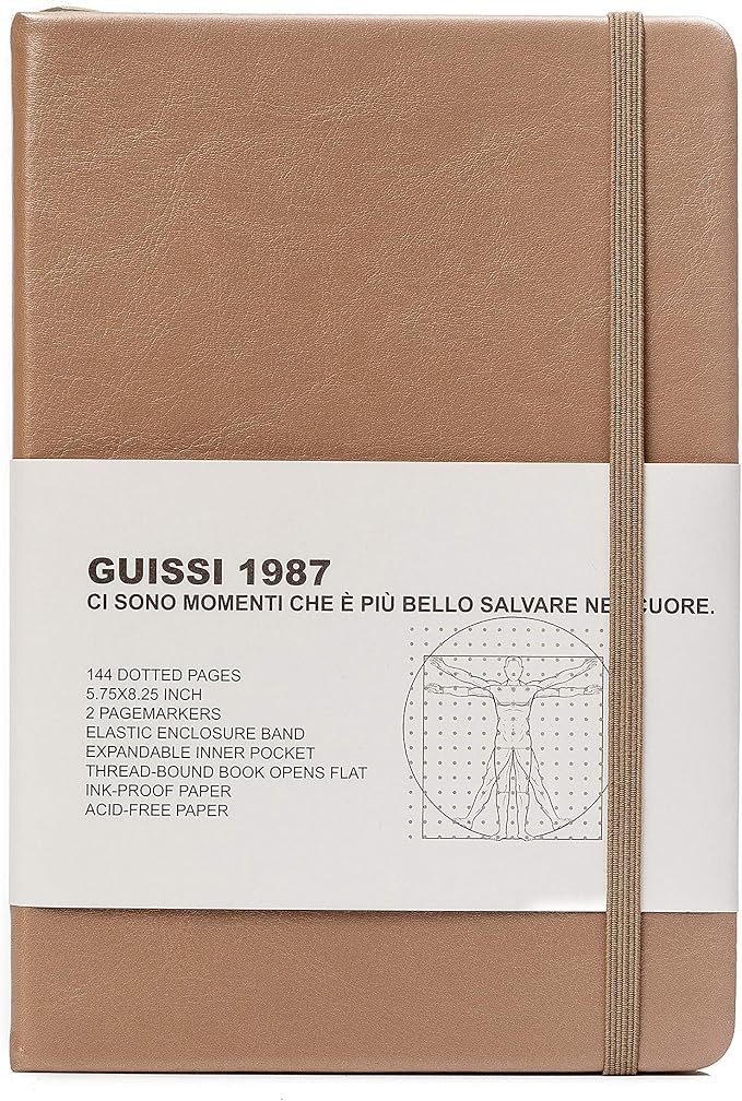 Guissi Classic Dotted Grid Bullet Notebook Journal Dot Hard Cover A5 Premium 80gsm Thick Acid-Free Paper with Fine Inner Pocket Faux Leather Office School Supplies 144 Pages Designed in Florence