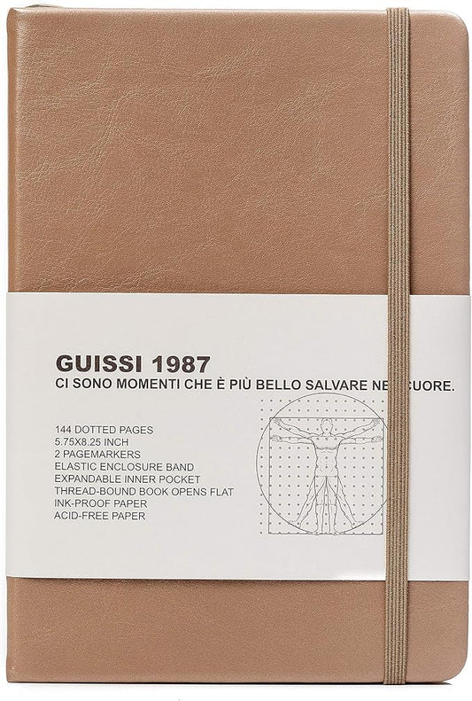 Guissi Classic Dotted Grid Bullet Notebook Journal Dot Hard Cover A5 Premium 80gsm Thick Acid-Free Paper with Fine Inner Pocket Faux Leather Office School Supplies 144 Pages Designed in Florence