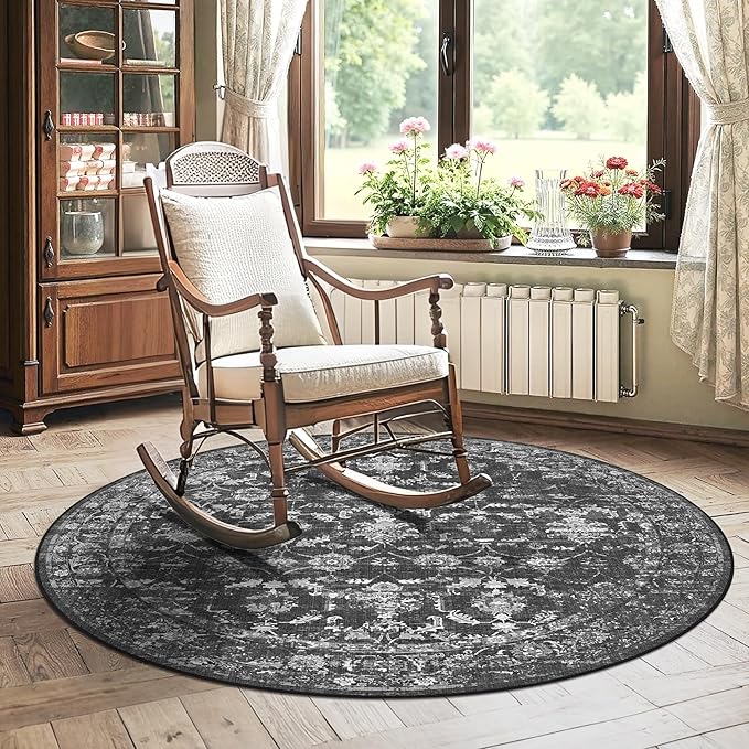 5ft Black Round Washable Area Rug for Living Room Vintage Boho Non Slip Circle 5x5 Rug Distressed Floral Carpet Indoor Retro Soft Low Pile Farmhouse Throw Rug for Bedroom Nursery Office