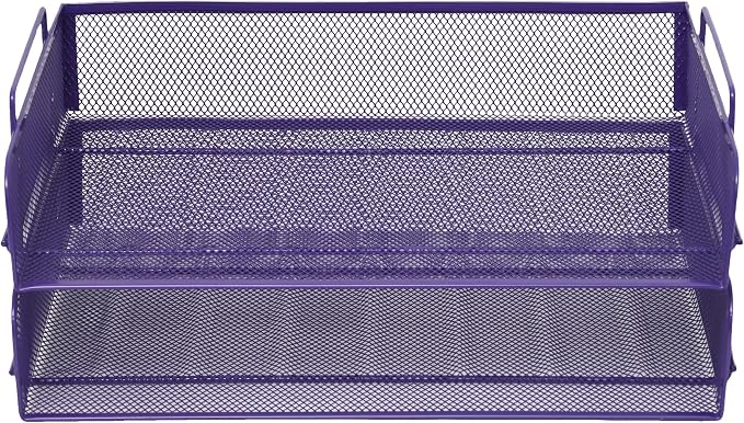 2 Pack Stackable Desk Paper Tray, Metal Mesh Desktop Document Letter File Organizer for Office Home School, 13.5'' L x 9.75'' W x 5.5'' H, Purple