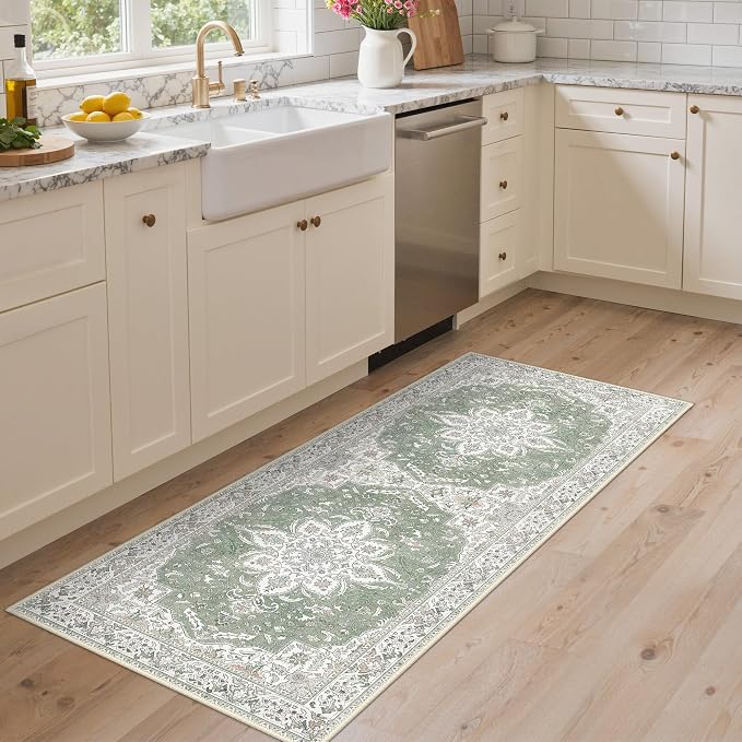 GENIMO Kitchen Rug Sets of 2, Non-Slip Washable Low-Pile Kitchen Mats for Floor, Waterproof Kitchen Runner Rug, for Hallway, Laundry, Sink, Entryway, Bathroom, 20"x32"+20"x48", Green