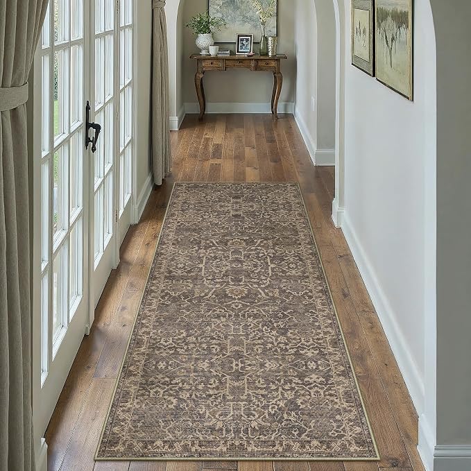 HUGEAR 2x6 Runner Rug Hallway Retro Brown Machine Washable Vintage Floral Low Pile Carpet Vacuumable Distressed Long Throw Rug Bedroom Office Bathroom Kitchen Laundry Non Slip Soft Lightweight