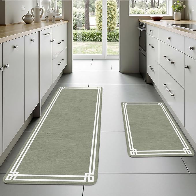 Sage Green Retro Elegance Frame Textured Kitchen Rug Sets [2 PCs], Anti-Fatigue, Waterproof Non-Slip Kitchen Mats Heavy Duty Comfort Foam Rug for Kitchen, Floor, Laundry,17"x29"+17"x47"