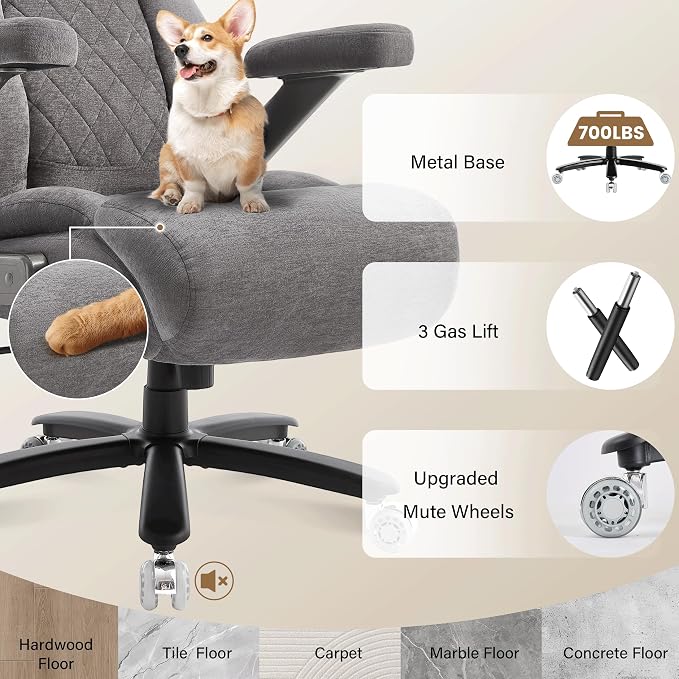 Fabric 700lbs Big and Tall Office Chair, Ergonomic Heavy Duty Executive Cloth Office Chair with 5D Flip Arms & Adjustable Lumbar Support & Dual Rubber Wheel, Large Thick Padded Extra Wide Seat, Grey
