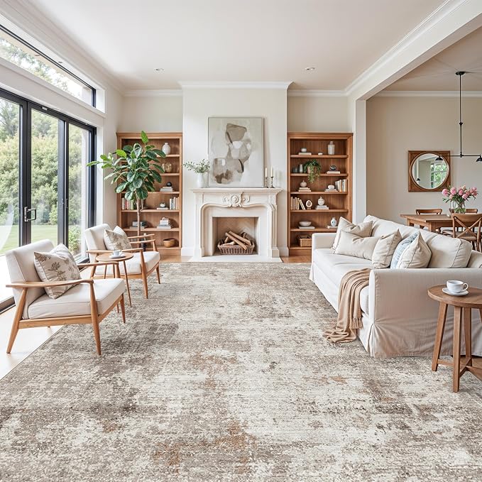 12x15 Area Rug for Living Room – Large Modern Neutral Abstract Thin Washable Carpet, Soft Low Pile Non-Slip Stain-Resistant for Bedroom Dining Room Home Office (Beige Grey)