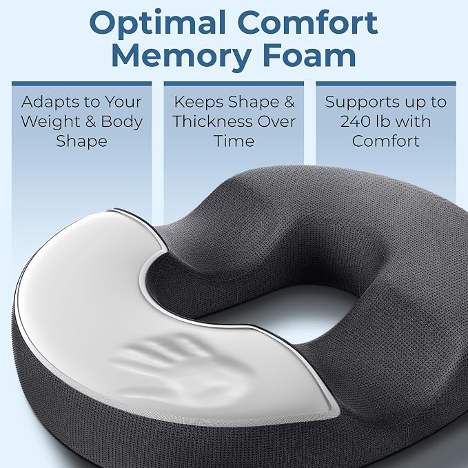 5 STARS UNITED Donut Pillow for Tailbone Pain & Hemorrhoids – Large Memory Foam Seat Cushion for Bed Sore-Prone Areas & Pressure Relief – Prostate, Postpartum & Pregnancy Support, Gray Mesh Cover