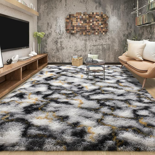 Tepook Fluffy Large Rugs for Living Room, Area Rug 6x9 Soft Carpet for Bedroom, Modern Shaggy Rug for Kids Boys Girls, Plush Indoor Nursery Home Decor Rug with Non-Slip Bottom, White Black Gold