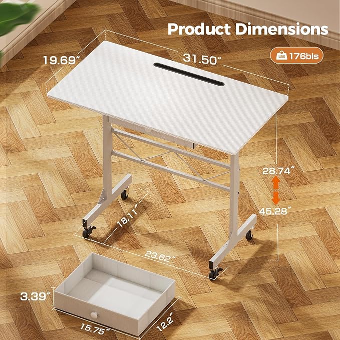 COMHOMA Portable Standing Desk Adjustable Height 30.7"-46.4", Standing Desk with Drawers, Mobile Rolling Computer Desk for Home Office Work and Walking Pad Treadmill, Carbon Fiber White