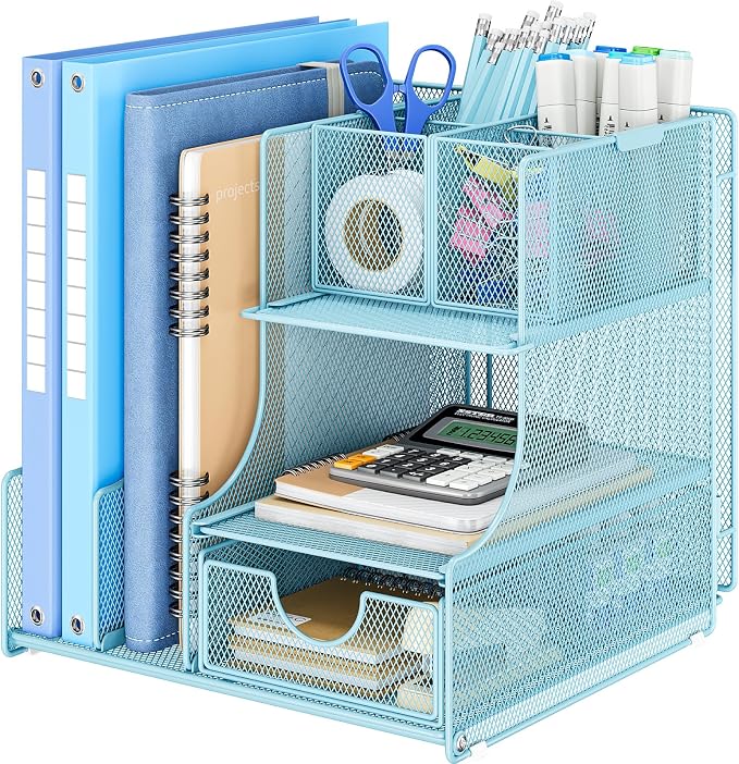 Lavatino Desk Organizer – 4-in-1 Blue Mesh Office Supplies Organizer with Pen Holder, File Holder, Desktop Tray, and Drawer for Home, Office, Classroom