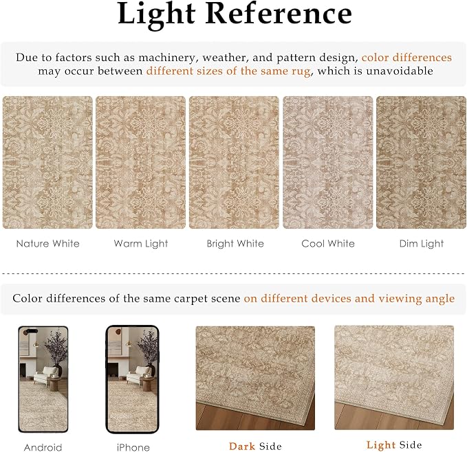 PureCozy 5x7 Area Rug Washable Vintage Living Room Bedroom Carpet Indoor Light Brown Non Slip Soft Low Pile Thin Rug Retro Accent Throw Office Dining Room