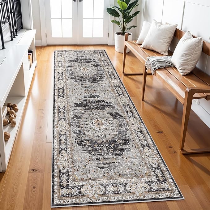 3x8 Runner Rug for Hallway Washable: Non Slip Kitchen Rugs with Rubber Backing Soft Waterproof Mats Stain Resistant Indoor Vintage Carpet Runner for Bedroom Bathroom Laundry Entryway Black/Gray