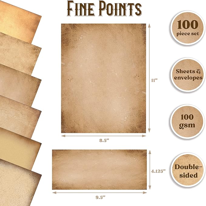 Better Office Products Aged Paper Stationery, 100 Piece Set (50 Sheets + 50 Matching Envelopes), Vintage Antique Old Fashion Parchment Paper, Letter Size 8.5 x 11", 6 Designs, Double Sided Paper,
