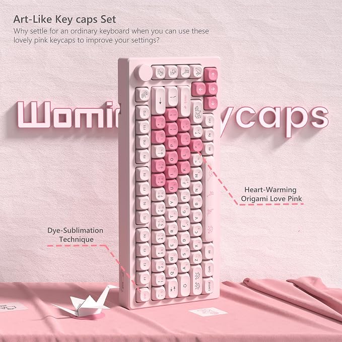 Womier Keyboard Keycaps - Pink Cute Keycap MOA Profile, PBT Dye-Sublimation Custom Key Caps Set 60% 65% 75% 100% Percent for Cherry MX, Kailh, Outemu, Gateron Mechanical Keyboards (Love Origami)