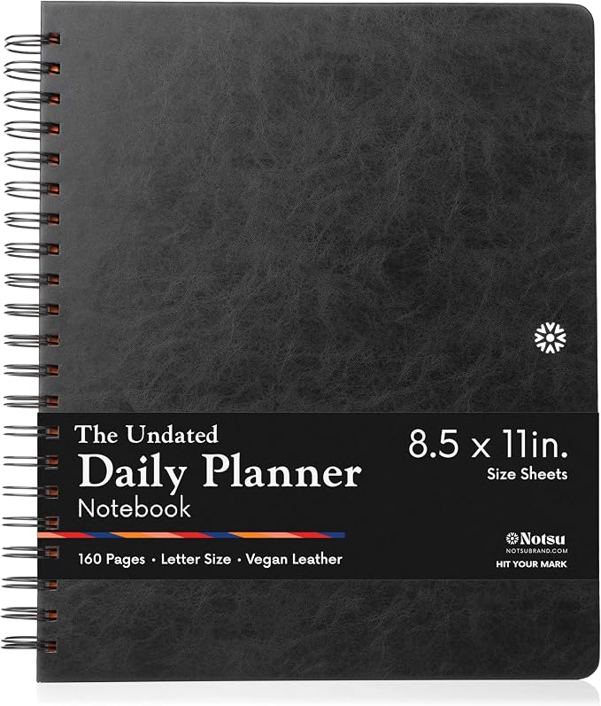 Notsu Undated Daily Planner Notebook | Minimalist Productivity Planner with To Do List, Agenda, Dot Grid, Lined, Notes sections. 160 Pages, Thick Paper 120 gsm, 8.5 x 11 inches, Premium Black Vegan