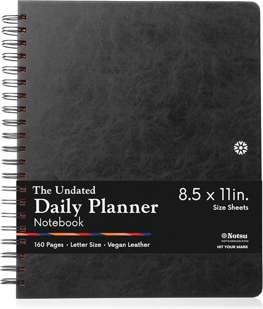 Notsu Undated Daily Planner Notebook | Minimalist Productivity Planner with To Do List, Agenda, Dot Grid, Lined, Notes sections. 160 Pages, Thick Paper 120 gsm, 8.5 x 11 inches, Premium Black Vegan