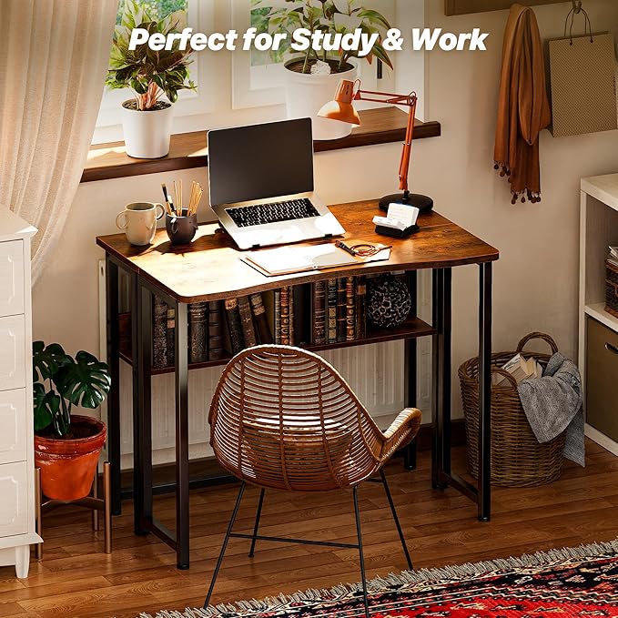 Huuger Folding Desk with Storage Shelf, 31.5 Inch Foldable Computer Table for Small Spaces, Space Saving Sofa Table for Couch, Writing Work Office Computer Desk, Easy to Fold, Rustic Brown