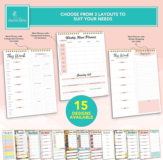 Decorably 52 Sheets Minimal Pink Undated Magnetic Weekly Meal Plan Grocery List Notepad with 4 Strong Magnets - 8.5x11in Spring-Bound, Refrigerator Mountable, Easy Tear-Off Design