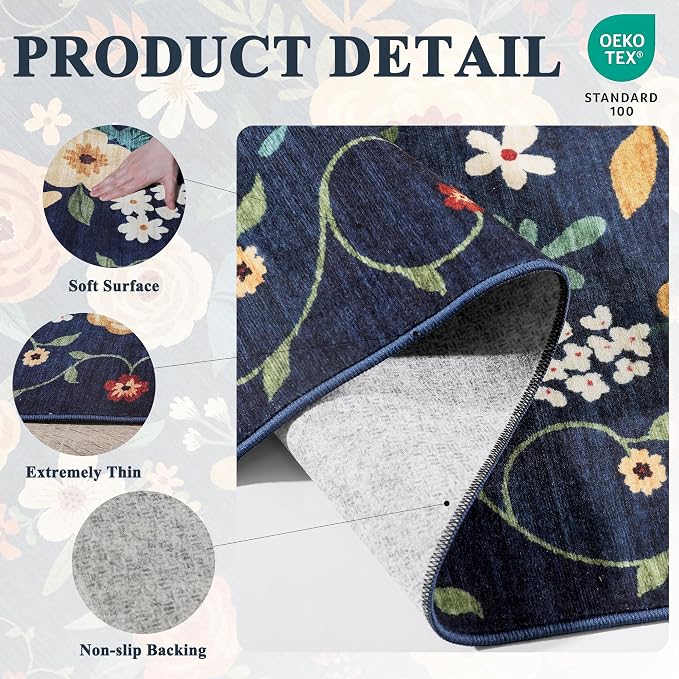 DUKINO Runner Rug, 2.6x8 Kitchen Rug for Hallway with Non Slip Backing, Washable Low Pile Soft Boho Floral Runner Carpet for Hallway, Kitchen, Entryway, Laundry, Bedroom, Dark Blue