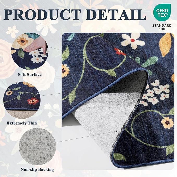 DUKINO Runner Rug, 2x7 Boho Kitchen Rug for Hallways with Low Pile Design, Washable Non Slip Backing Soft Floral Runner for Kitchen, Hallway, Entryway, Bedroom, Laundry, Navy Blue