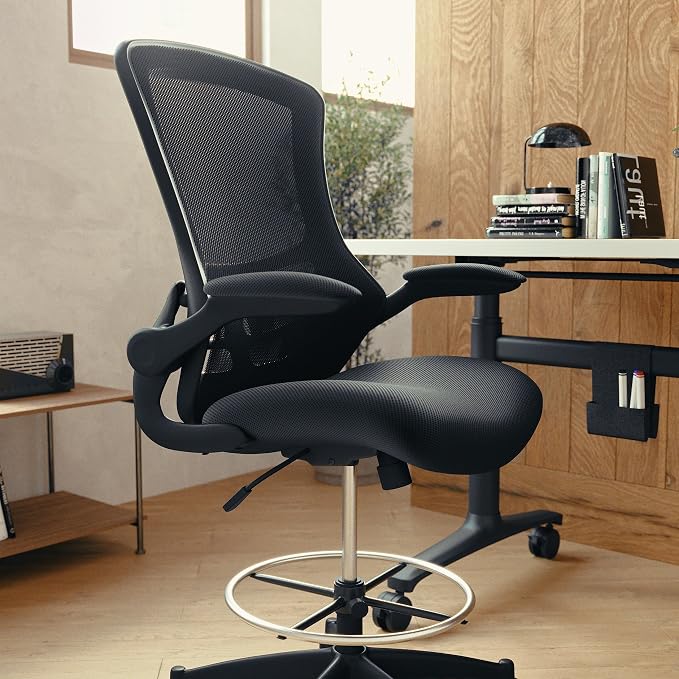 Flash Furniture Kelista Mid-Back Swivel Office Chair with Adjustable Seat Height, Ergonomic Mesh Desk Chair with Flip-Up Armrests, Black | Adjustable Foot Ring, Mid-Back, Flip-Up Arms, Mesh Back