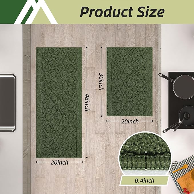 COSY HOMEER 48x20 Inch/30X20 Inch Kitchen Rug Mats Made of 100% Polypropylene 2 Pieces Soft Kitchen Mat Specialized in Anti Slippery and Machine Washable for Home Kitchen,Green