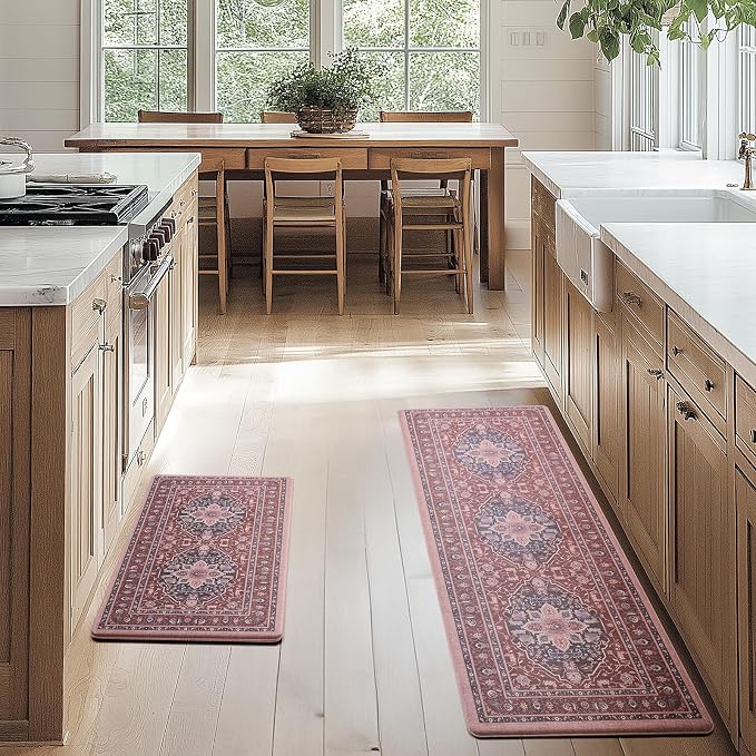FRESHMINT Medallion Kitchen Mat Set 2 Piece, 17x30''+17x47'', Terracotta | Anti-Fatigue, Non Slip, Comfort, Kitchen Decor, Easy to Clean, Waterproof, Perfect for Kitchen, Laundry, Office