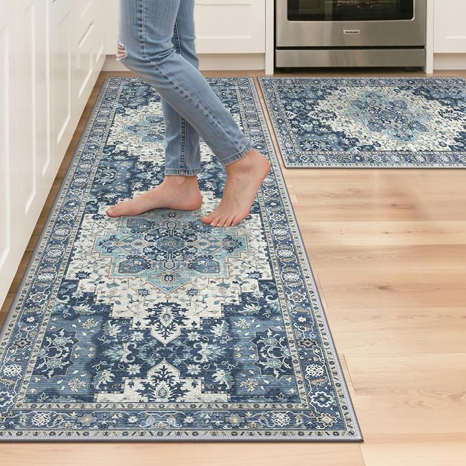 GENIMO Kitchen Rugs Non Slip Washable, 2PCS Kitchen Mats for Floor, Cushioned Standing Mat, Kitchen Runner Rug Floor Mat for Kitchen Decor, Laundry, Sink, Entryway, Home, 20"x32"+20"x59", Navy Blue