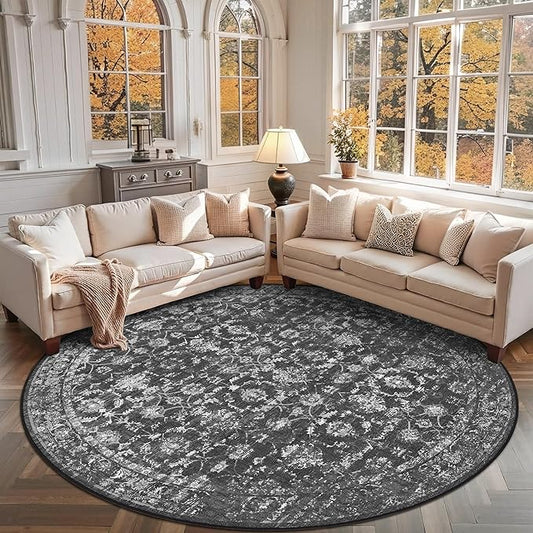 8ft Black Round Washable Area Rug for Living Room Vintage Boho Non Slip Circle 8x8 Large Rug Distressed Floral Carpet Indoor Retro Soft Low Pile Farmhouse Throw Rug for Bedroom Nursery Office