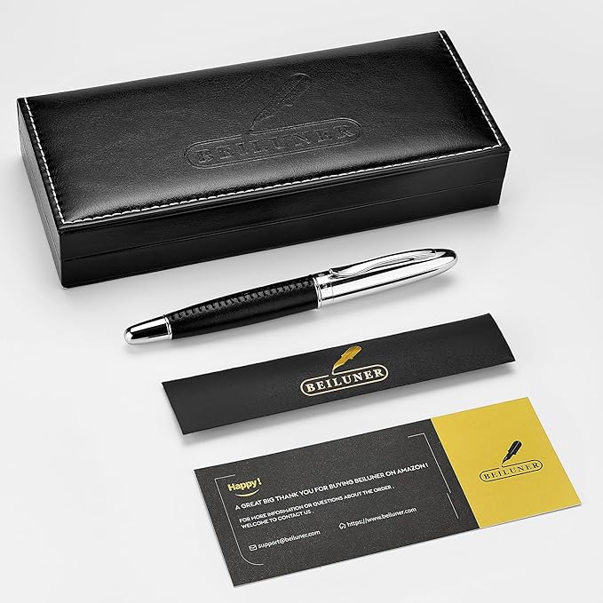 BEILUNER 318 Luxury Personalized Leather Pen, Hand-Stitched Premium Black Leather, Chrome-Plated Finish, Smooth Refill, Fancy Rollerball Pen Gift Set for Men & Women, Executive, Nice Designer pen