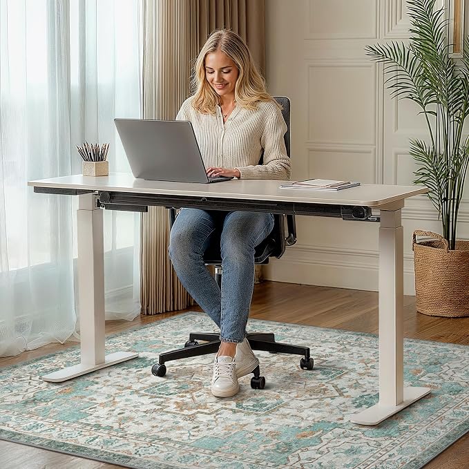 48"x60" Office Chair Mat for Hardwood Tile Floor, Under Desk Carpet Protector for Rolling Computer Chair Mat, Machine Washable Area Rug, Anti-Slip 1/5" Thick Low Pile Thin Vinyl Floor Mat, Cyan