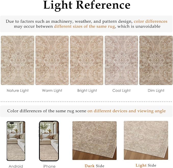 PureCozy Brown 8x10 Area Rug Washable Living Room Vintage Carpet Bedroom Large Indoor Non Slip Soft Low Pile Thin Stain Resistant Distressed Accent Throw Rug for Dining Office Nursery