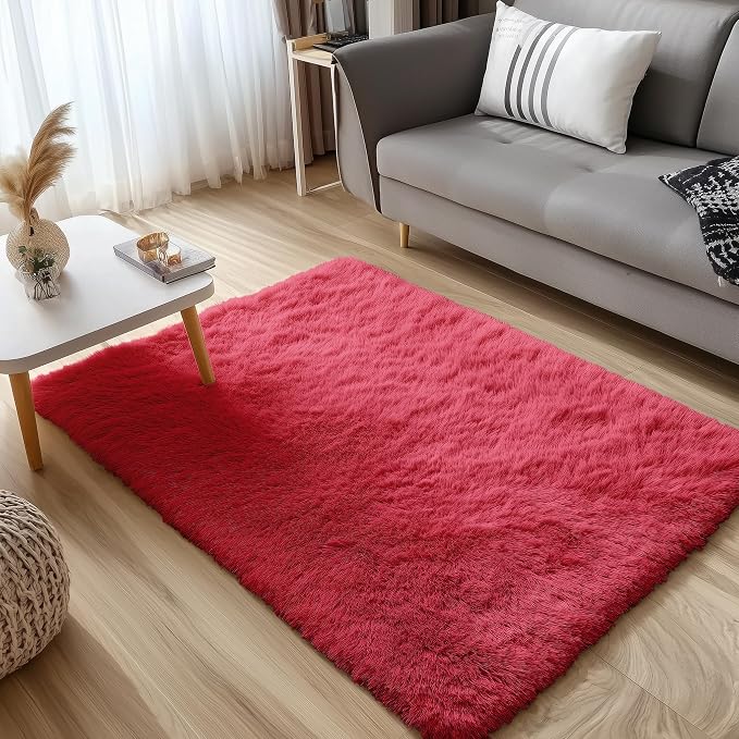 OLANLY 3x5 Machine Washable Small Bedside Rug, Soft Fluffy Shaggy Rugs for Living Room, Bedroom, Indoor Floor Carpet for Kids Girls and Boys, Preppy Dorms, Nursery, Home Decor Aesthetic, Red