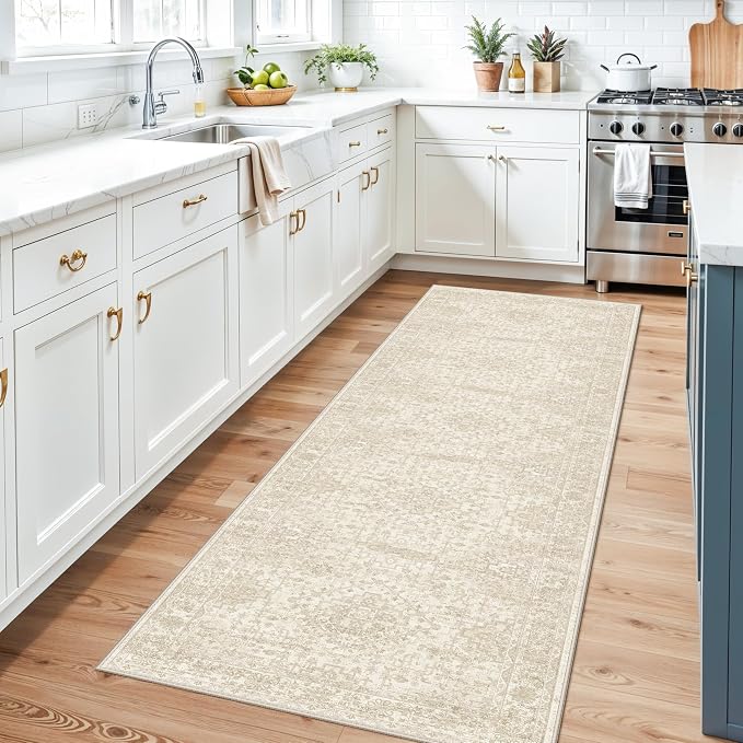 3x10 Ft Hallway Runner Rug – Non-Slip Washable Long Carpet Runner for Kitchen Indoor Entryway & Bathroom, Vintage Distressed Low Pile Thin Floor Mat (Ivory Beige)