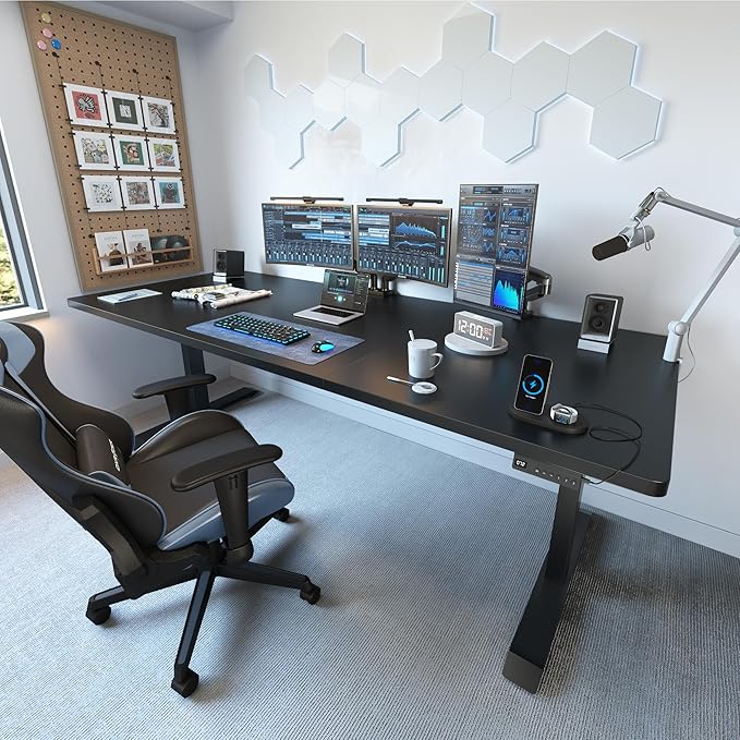 FEZIBO 71 x 37 Inch Standing Desk with Integrated Dual-Beam, Cable Management, 3 Memory Height Adjustable Computer Desk for Home Office Workstation, 1" Thick Large 3-Piece Desktop Black