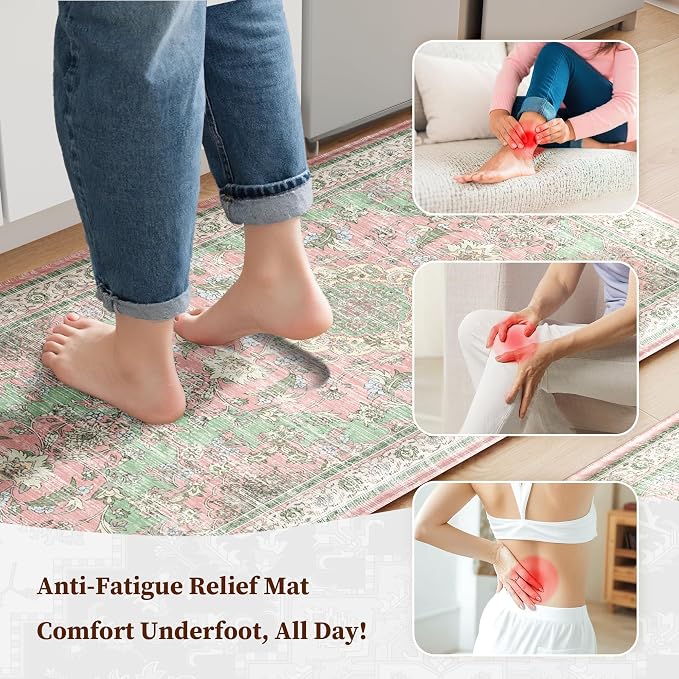 Boho Kitchen Mats for Floor 2 Piece Set Anti Fatigue Cushioned PVC Kitchen Rugs Non Slip Waterproof Farmhouse Mats 2/5 Inch Comfort Standing Mat for Sink, Laundry, 17.3"x47"+17.3"x28", Green Pink