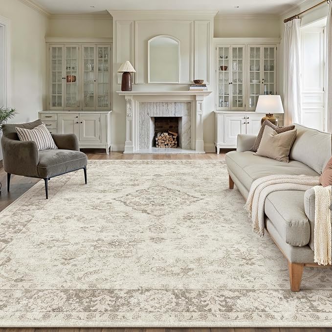 PureCozy 6x9 Area Rug Beige Washable Living Room Bedroom Carpet Vintage Distressed Large Non Slip Low Pile Thin Dining Room Home Office Medallion Accent Rug