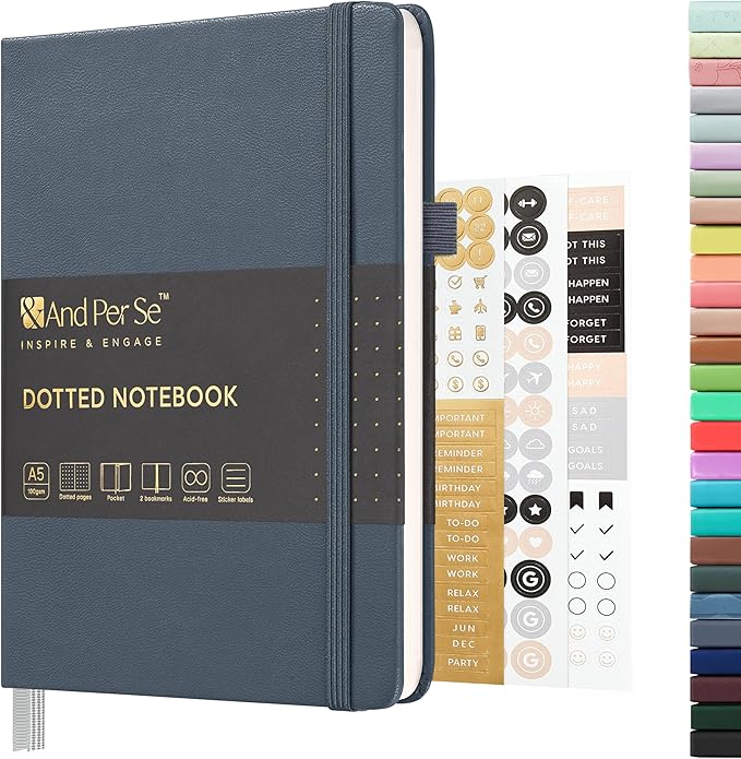&And Per Se Dotted Journal Notebook, A5 Hardcover Leather Dotted Journal, 160 Pages 100gsm Thick Dot Grid Paper, 3 Sheets of Stickers Included - 5.7'' x 8'' (Dark Blue)