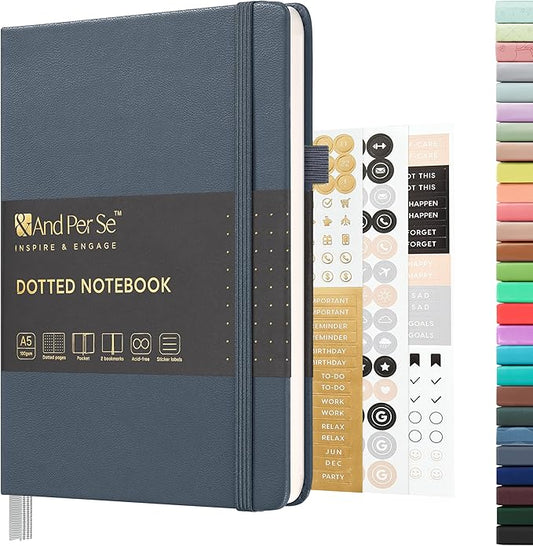 &And Per Se Dotted Journal Notebook, A5 Hardcover Leather Dotted Journal, 160 Pages 100gsm Thick Dot Grid Paper, 3 Sheets of Stickers Included - 5.7'' x 8'' (Dark Blue)
