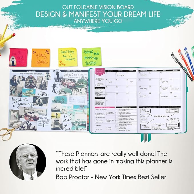 Deluxe Weekly and Monthly Planner | Law of Attraction Planner with Productivity App | 12-Month for Productivity, Gratitude & Goal Setting | Includes Foldable Vision Board, Gift Box & Stickers