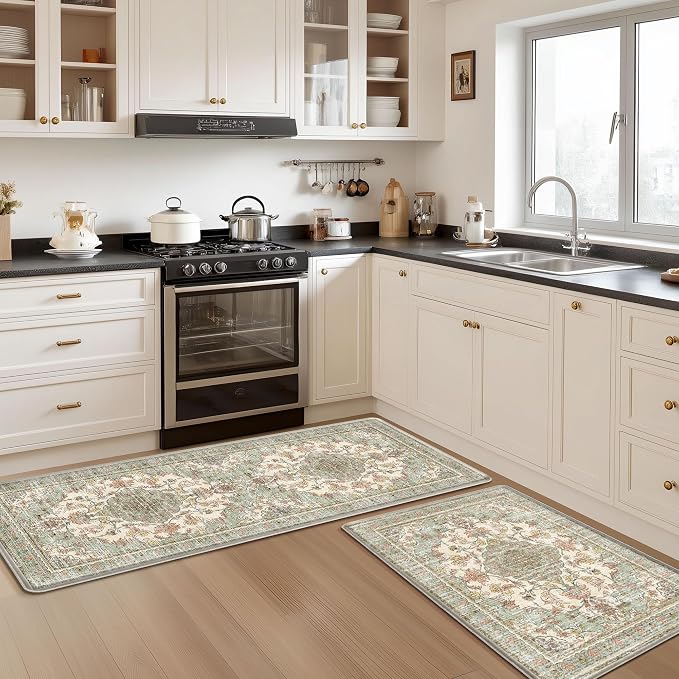Boho Kitchen Mats for Floor 2 Piece Set Anti Fatigue Cushioned PVC Kitchen Rugs Non Slip Waterproof Farmhouse Mats 2/5 Inch Comfort Standing Mat for Laundry, 23.6"x39"+23.6"x59", Green Orange Beige