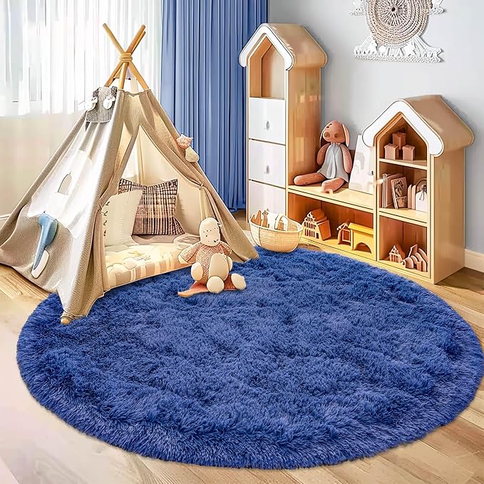 Awaytail Round Fluffy Circle Rug - 6FT Navy Blue Super Soft Shaggy Plush Furry Carpet for Kids & Teens Room