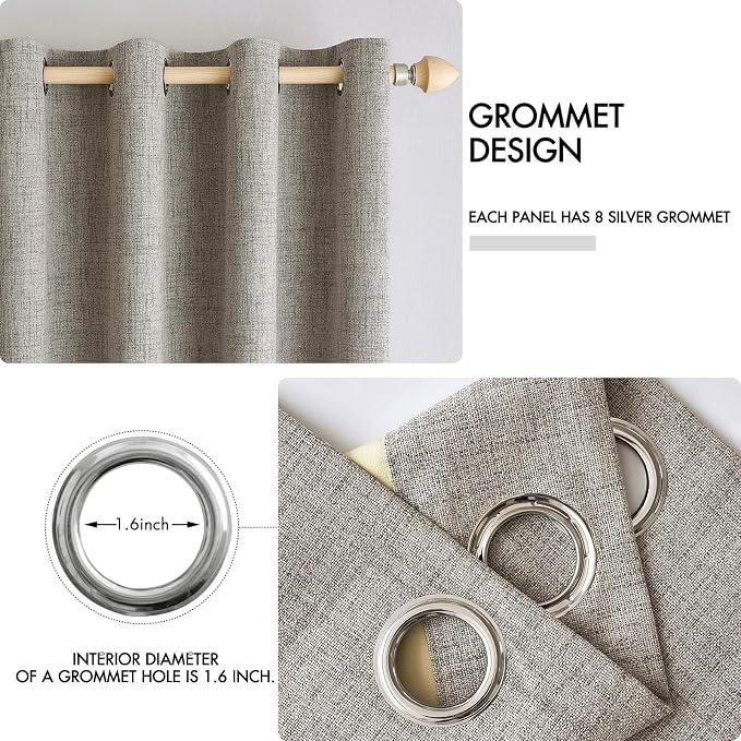 MIULEE Linen Curtains for Bedroom Solid 100% Blackout Thermal Insulated Greige Curtains Grommet Room Darkening Drapes for Living Room 52x63 Inch (2 Panels)